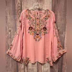 Johnny Was Pink Embroidered Boho Blouse